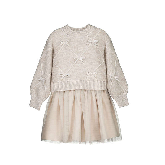 Mayoral Knit Dress w/ Bows-Beige