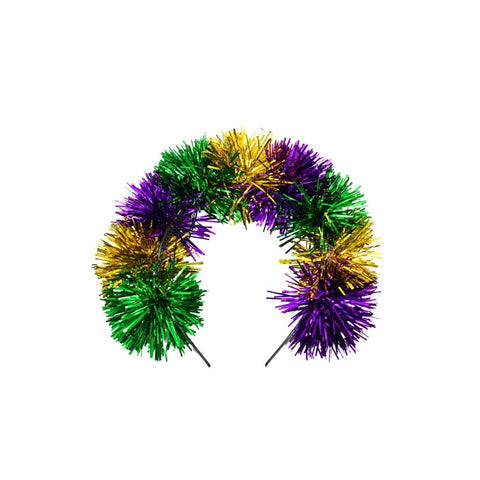 Purple, green, and gold pom pom headband
