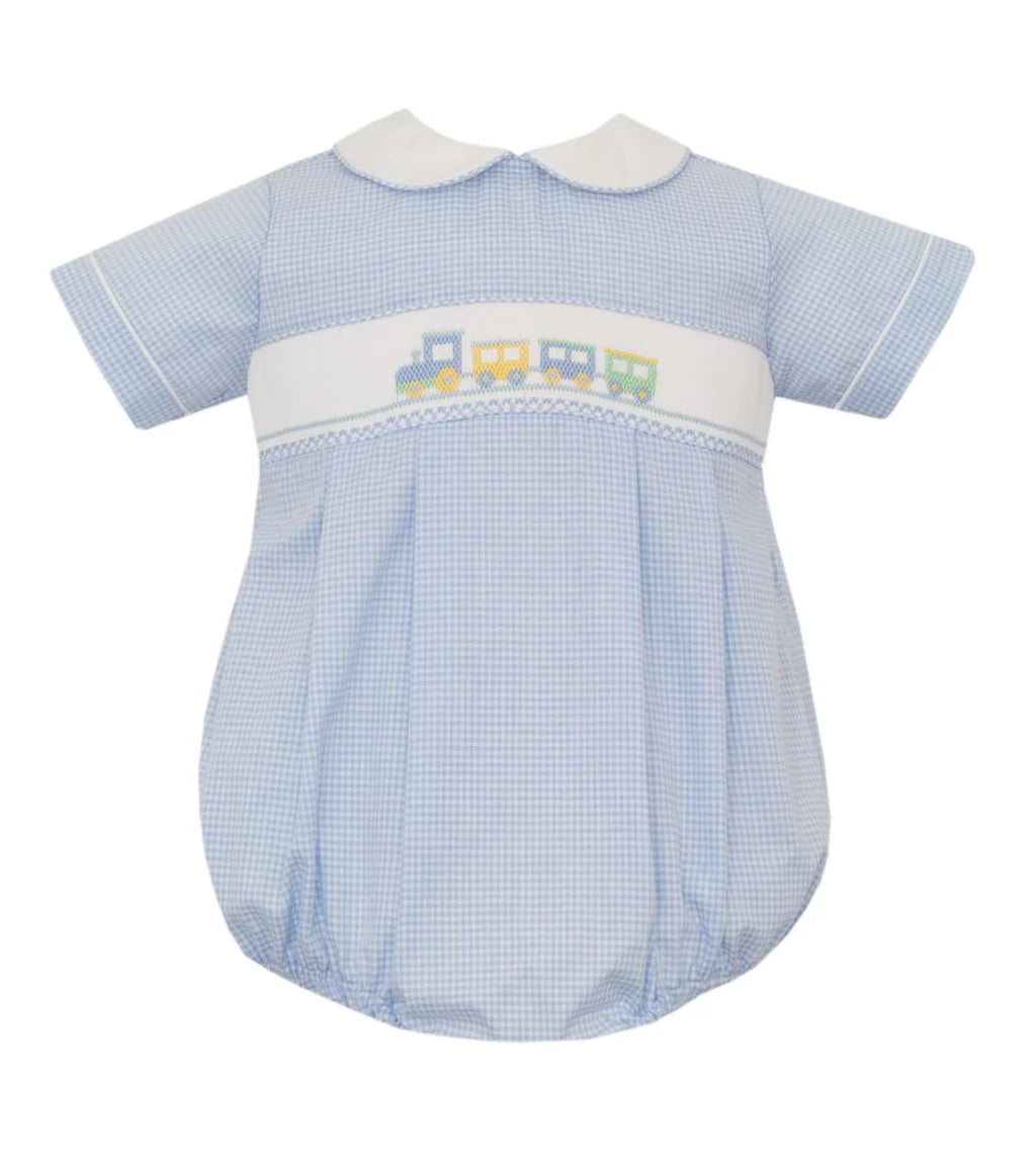 Petit Bebe Train Smocked Lt. Blue Gingham Bubble