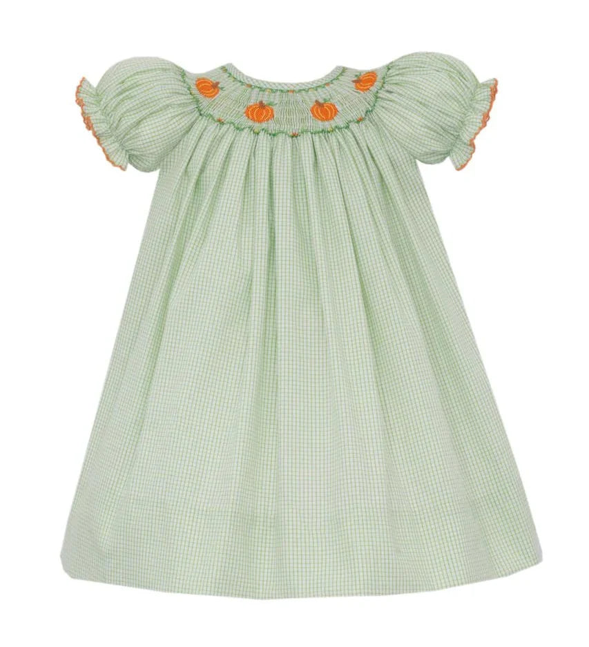 Petit Bebe Pumpkin Girl's Green Check Bishop Dress