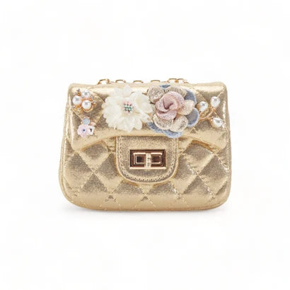 Floral Shiny Quilted Purse-Gold