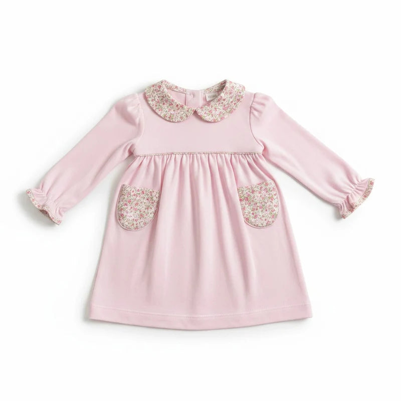 Petit Bebe Pink Knit Dress w/ Floral Collar & Pockets
