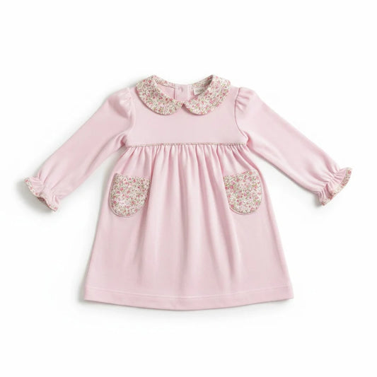 Petit Bebe Pink Knit Dress w/ Floral Collar & Pockets