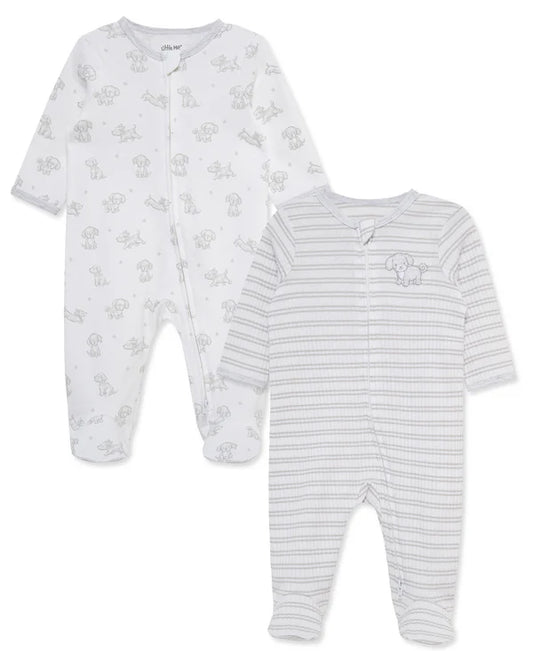 Little Me Cuddly Puppies White 2-Way-Zip Footies 2-Pack