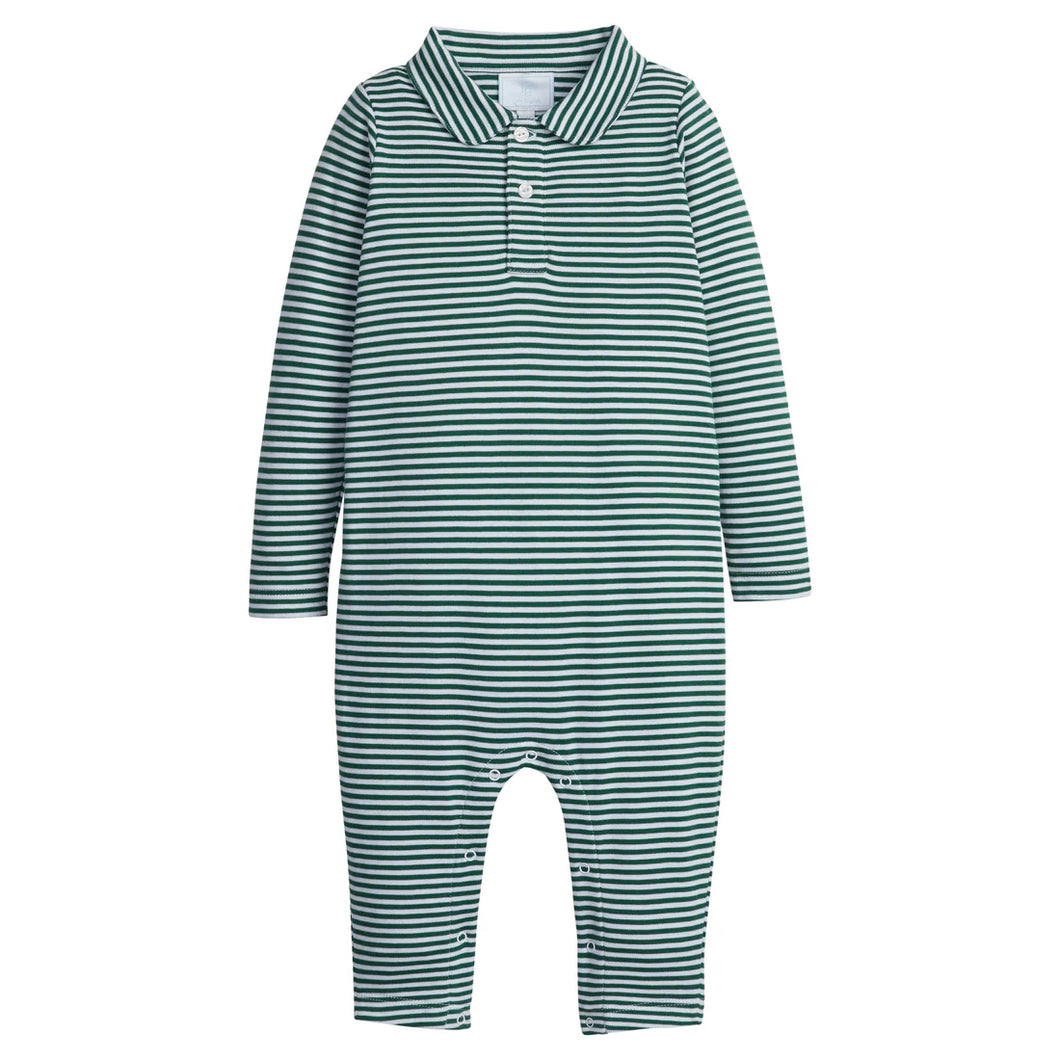 LE Striped Polo L/S Romper- Hunter Green