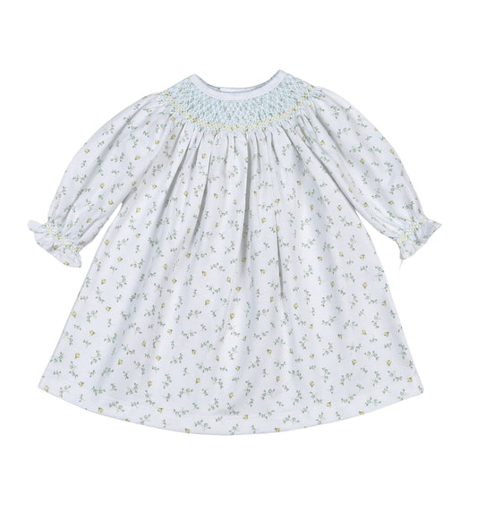 Baby Loren Mia Blue Floral Pima Smocked Bishop Dress