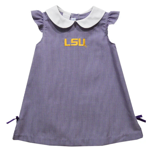 VLF LSU Embroidered Purple Gingham A Line Dress