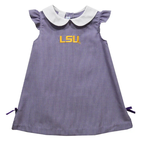 VLF LSU Embroidered Purple Gingham A Line Dress