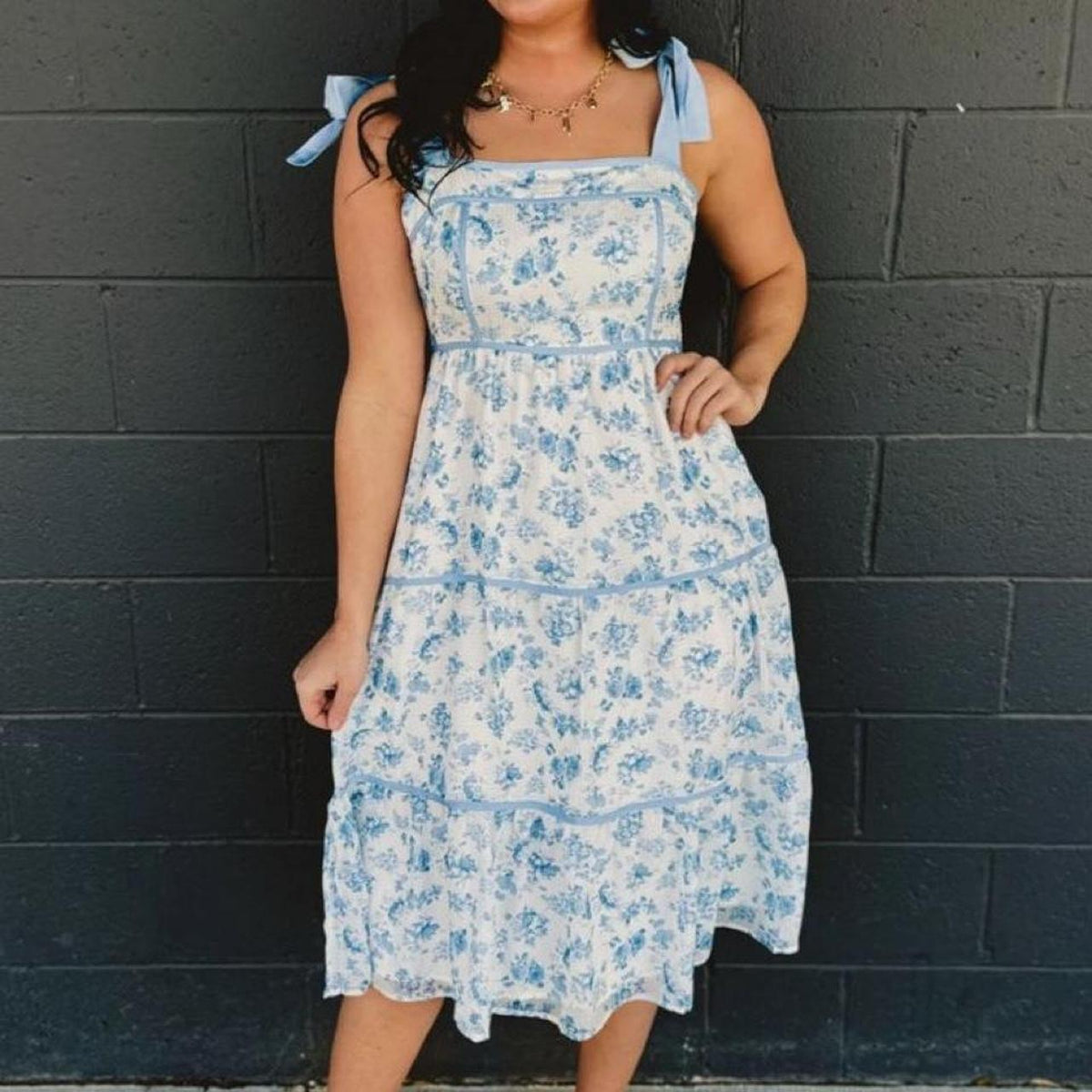 Floral Midi Dress w/ Shoulder Bow Ties