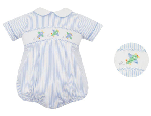 Petit Bebe Blue Stripes Airplane Smocked Bubble