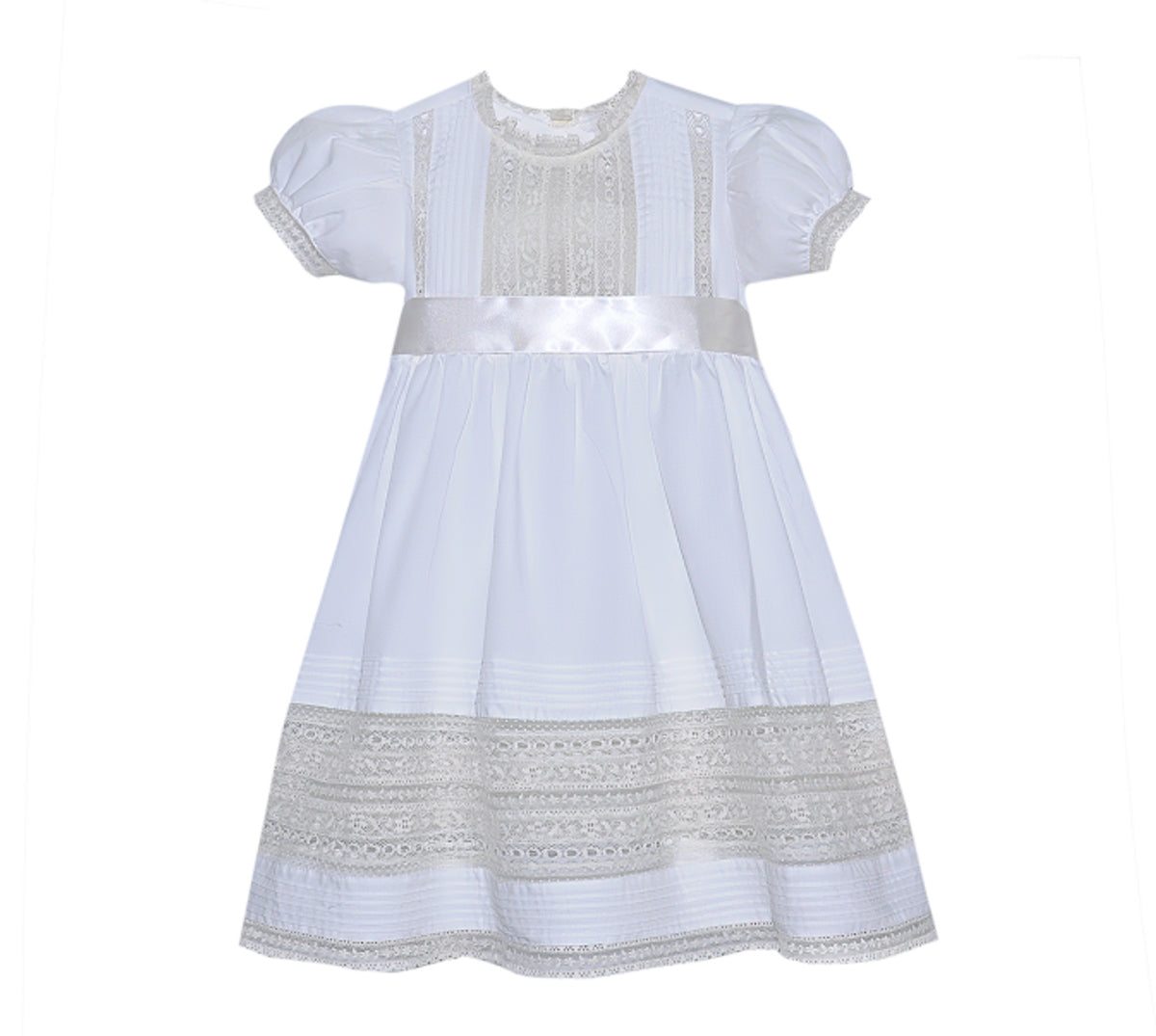 P & R Rosary White Dress W/ Ecru Lace and Sash