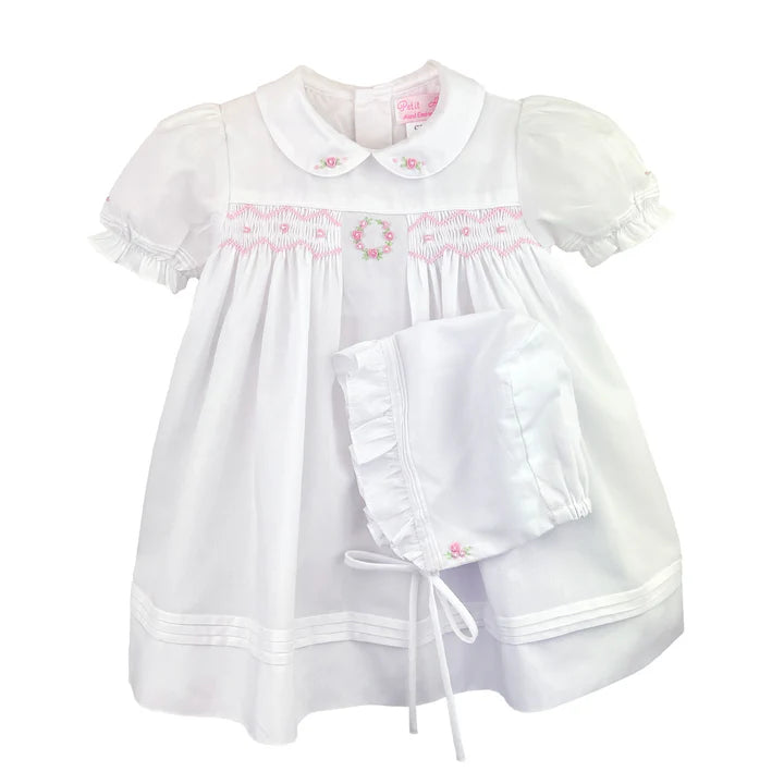 Petit Ami White Dress/Bonnet with Pink Smocking