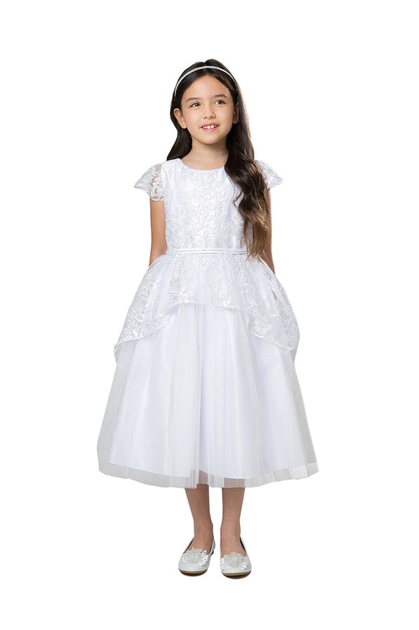 Sweet Kids Floral Lace Peplum Dress w/ Satin & Crystal Tulle