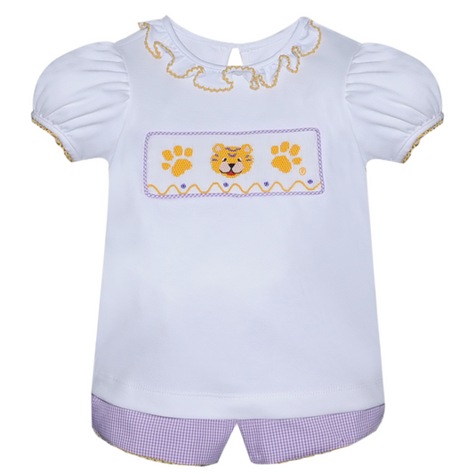 Southern Saturday Purple/Gold Smocked Girl Bloomer Set
