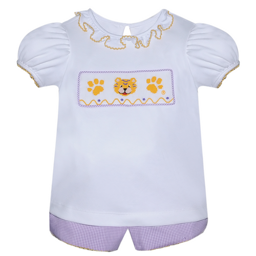 Southern Saturday Purple/Gold Smocked Girl Bloomer Set