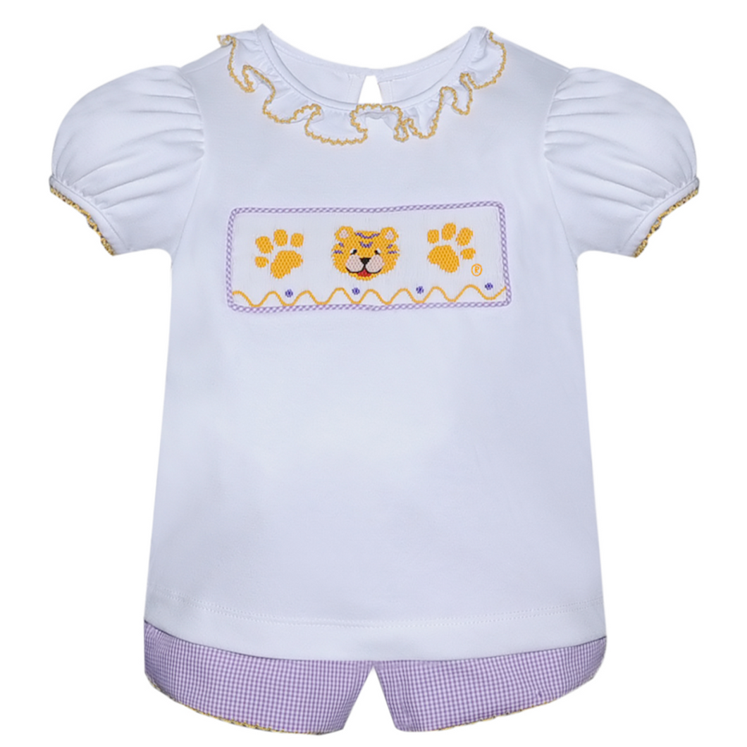 Southern Saturday Purple/Gold Smocked Girl Bloomer Set
