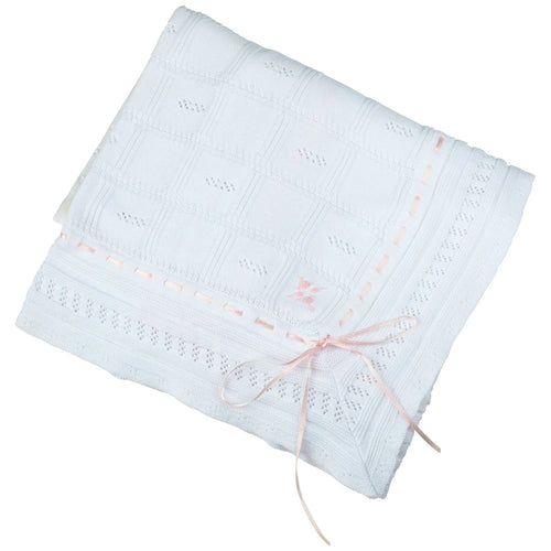 Feltman White/Pink Ribbon Pointelle Knit Blanket