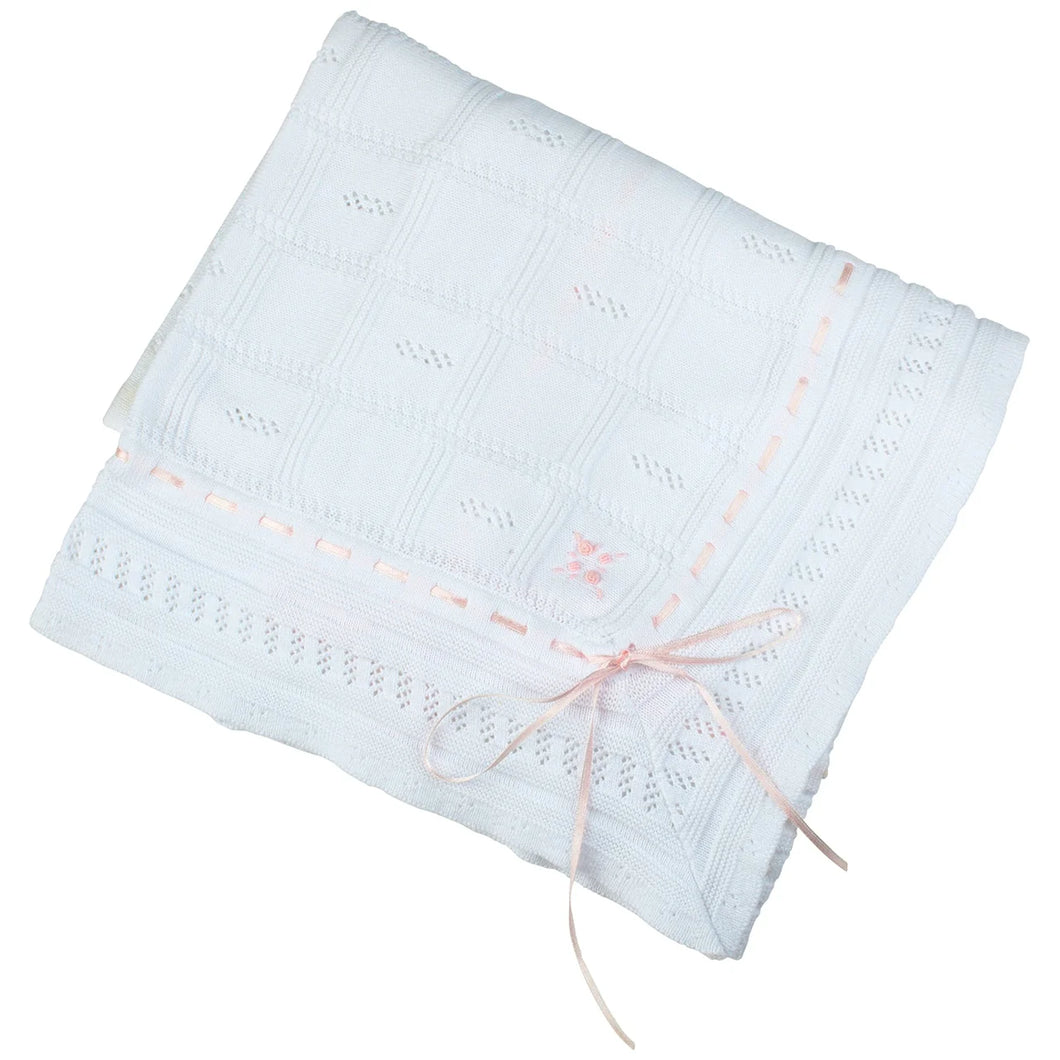 Feltman White/Pink Ribbon Pointelle Knit Blanket