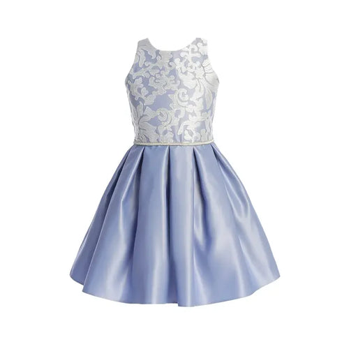 Sweet Kids Lace Over Satin Dress w/ Pleated Skirt-Periwinkle