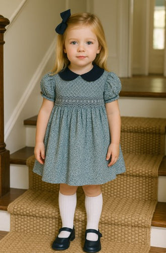 Marco & Lizzy Hand Smocked London Navy Floral Dress