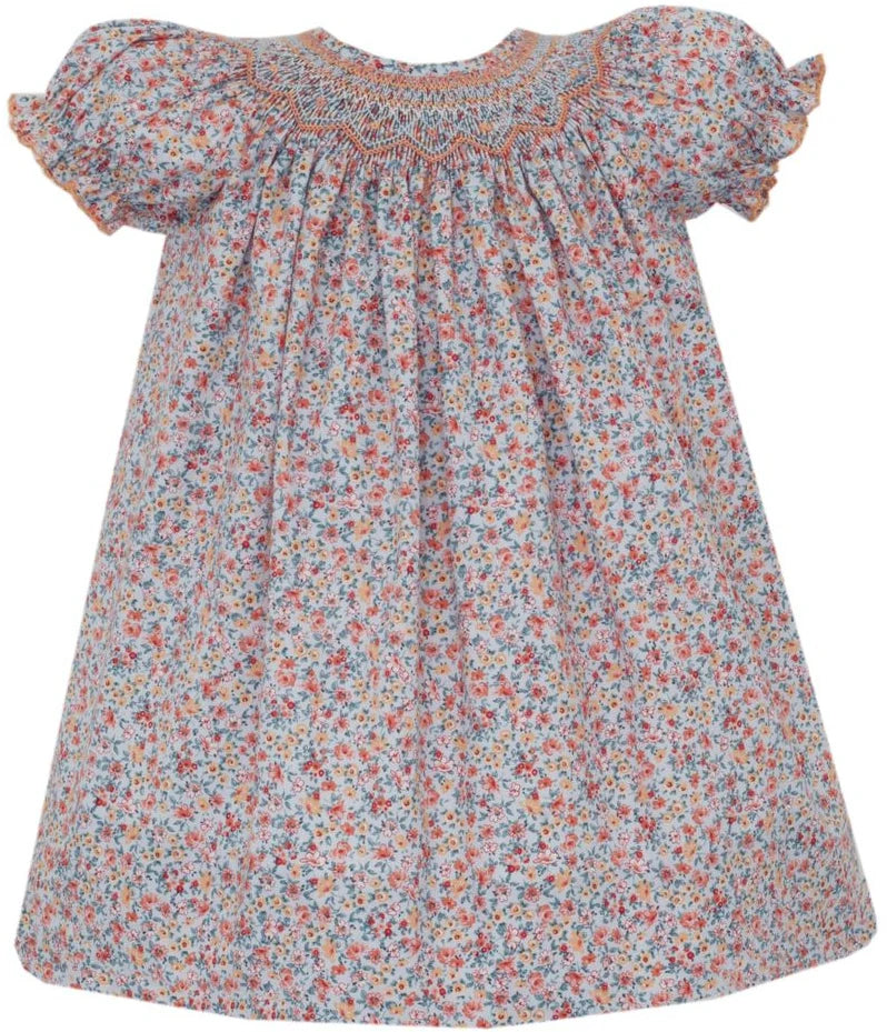 Petit Bebe Alice Lt. Blue/Orange Print Bishop Dress