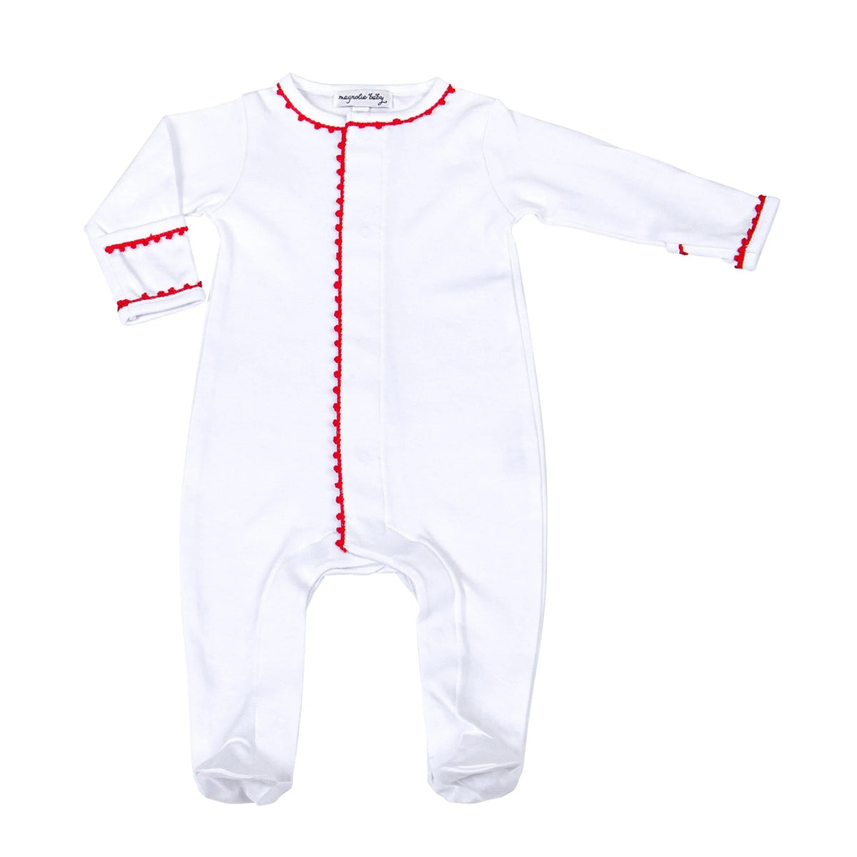 MB White Footie w/ Red Crochet Trim