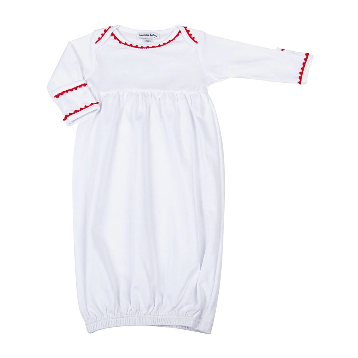 MB White Gathered Gown W/ Red Crochet Trim