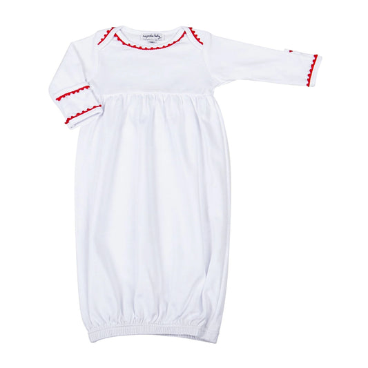 MB White Gathered Gown W/ Red Crochet Trim