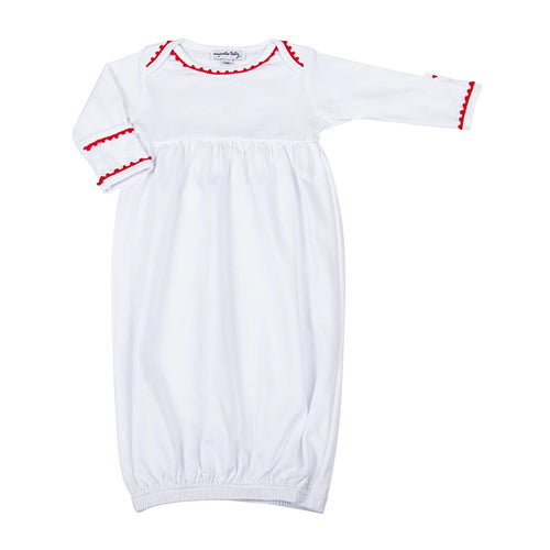 MB White Gathered Gown W/ Red Crochet Trim