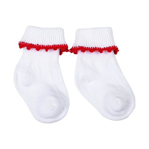 MB White Sock w/ Red Crochet Edge