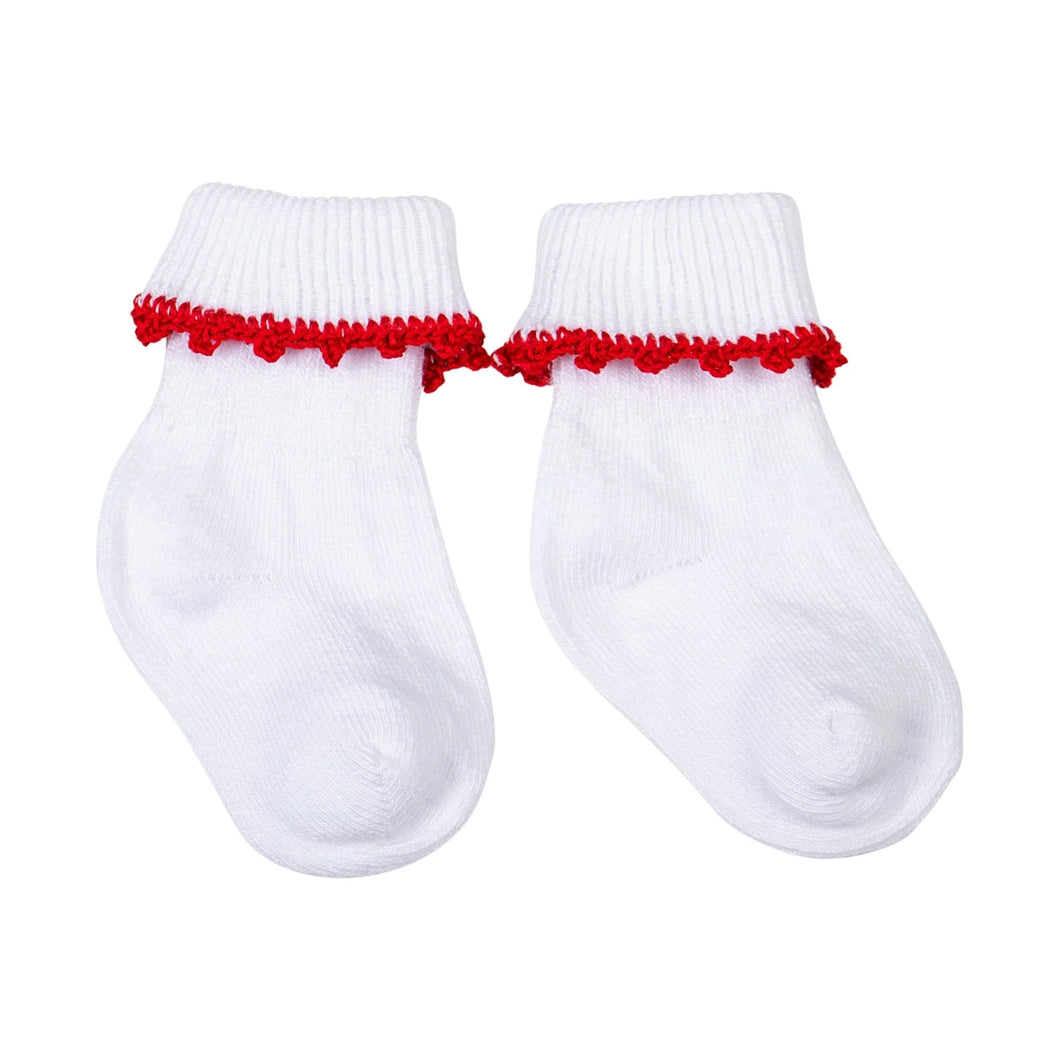 MB White Sock w/ Red Crochet Edge