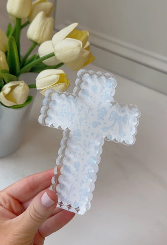 Scalloped Acrylic Cross-Blue Chinoiserie