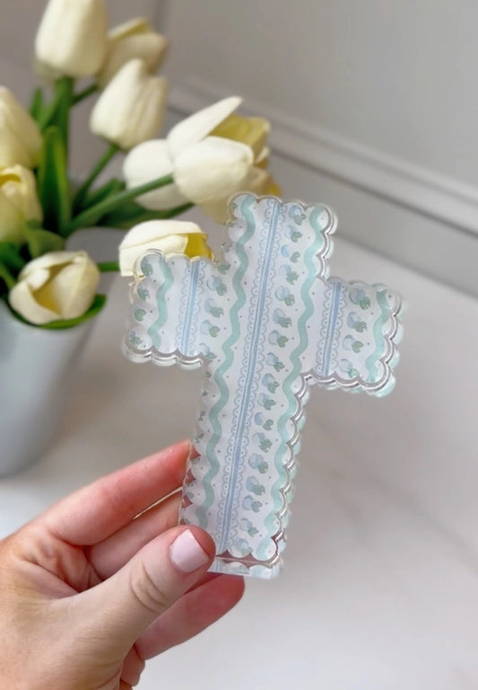 Scalloped Acrylic Cross-Blue Pattern