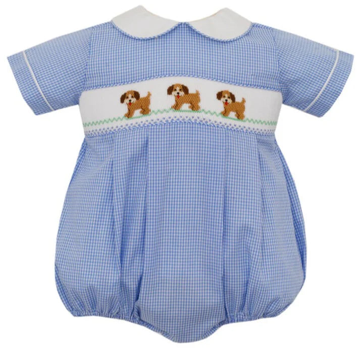 Petit Bebe Puppies Smocked Bubble-Blue Gingham