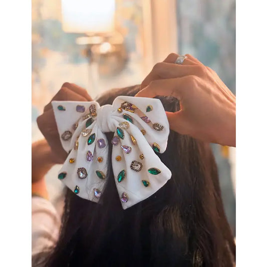 Jeweled Velvet Bow-White