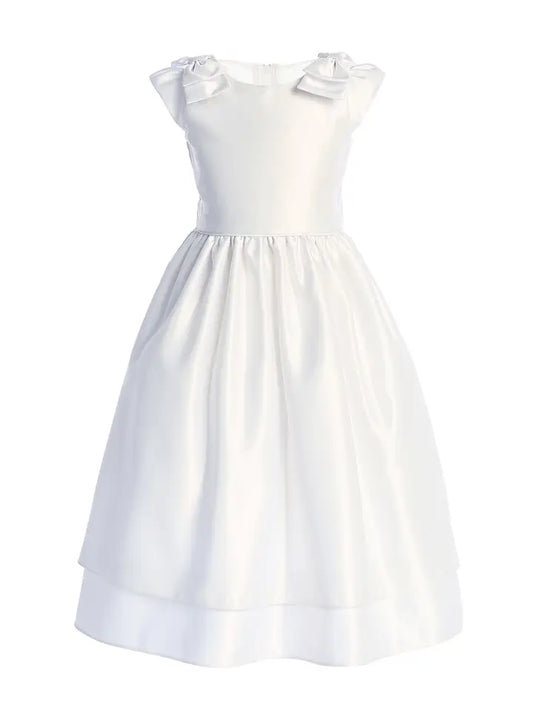 Sweet Kids Satin Dress w/ Double Bow Shoulder Dress-White