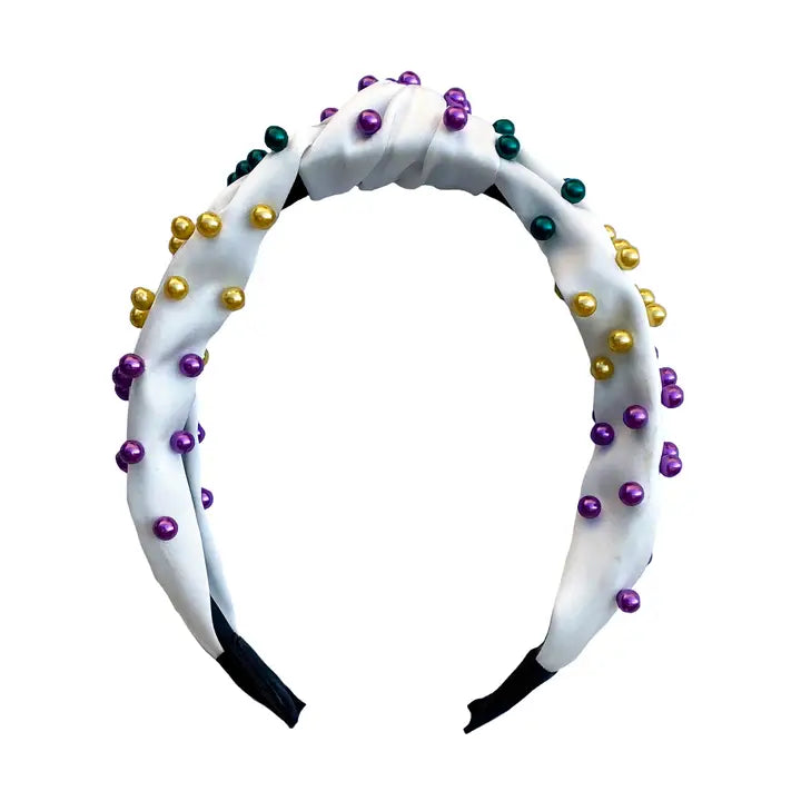 White Knot Headband w/ Purple/Green/Gold Beads