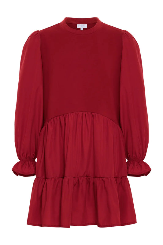 Pleat CeCe Crewneck Dress-Red