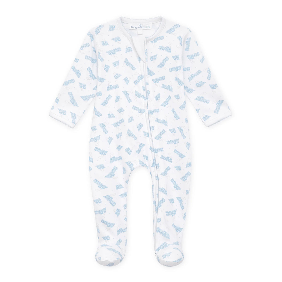 MB Choo Choo Train Print Zip Footie-Lt. Blue
