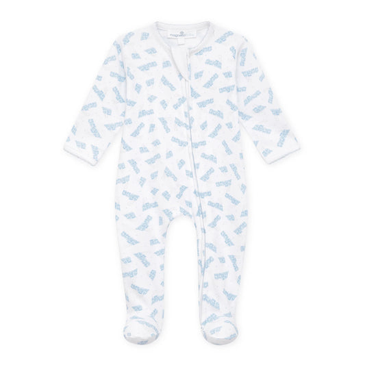 MB Choo Choo Train Print Zip Footie-Lt. Blue