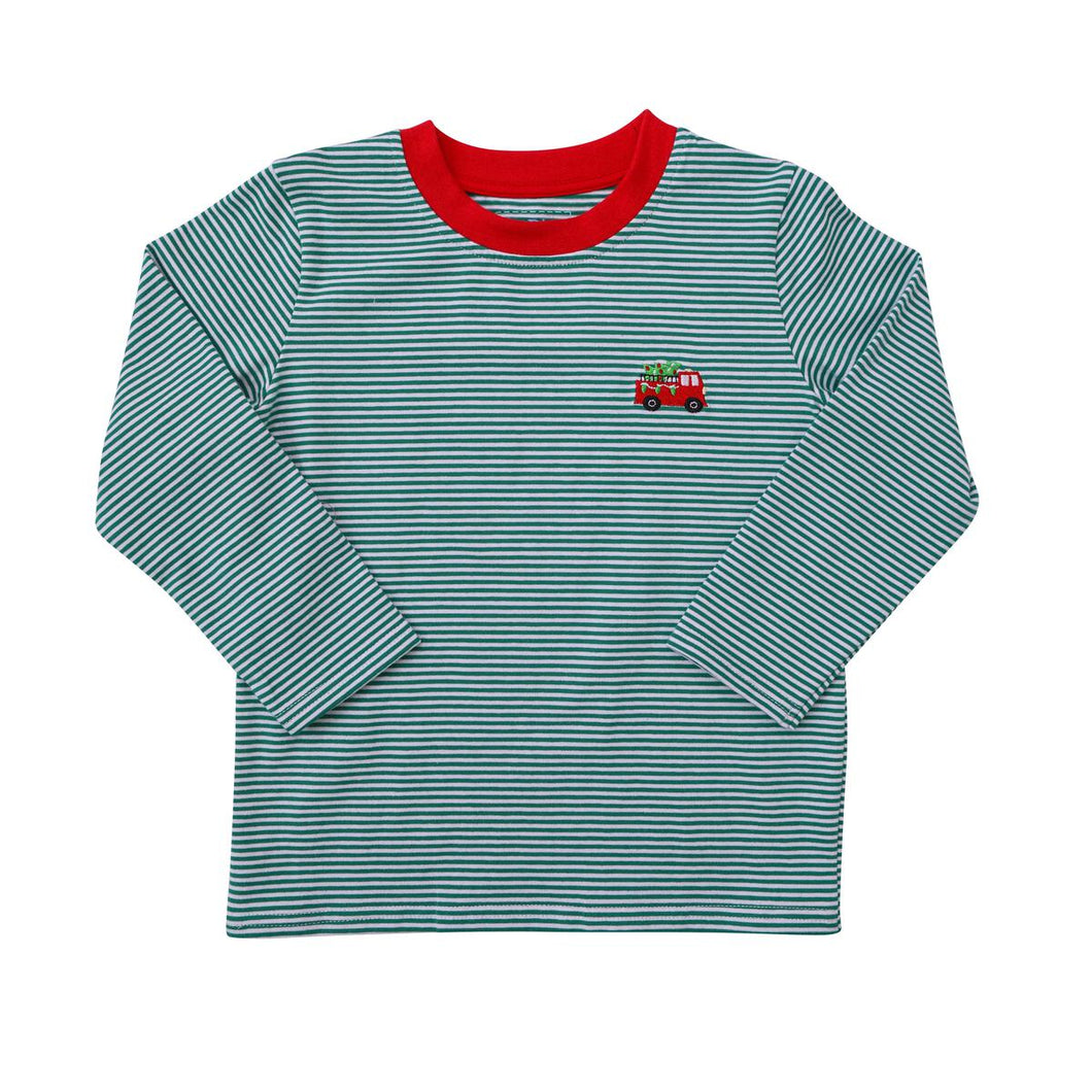 Itsy Bitsy Christmas Firetruck Shirt-Green/White Stripe