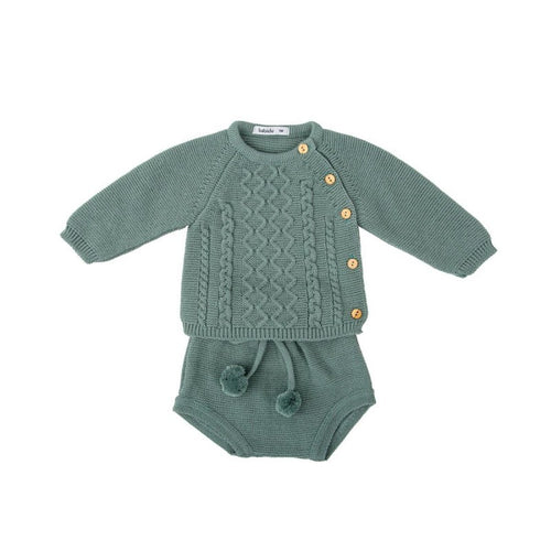 Babidu Cable Knit Bloomer Set w/ Hat-Pine