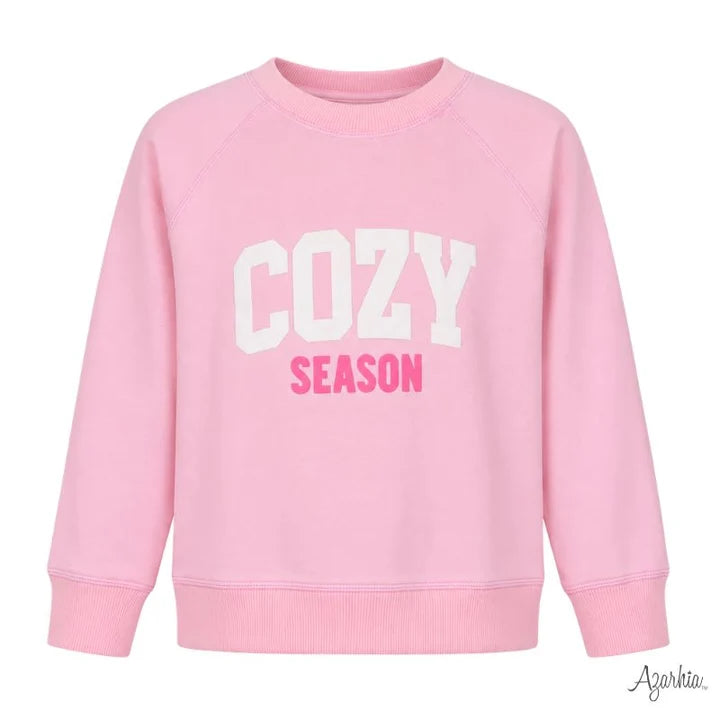 Azarhia White Puffy Cozy Season Pink Oversized Sweatshirt