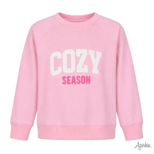 Azarhia White Puffy Cozy Season Pink Oversized Sweatshirt