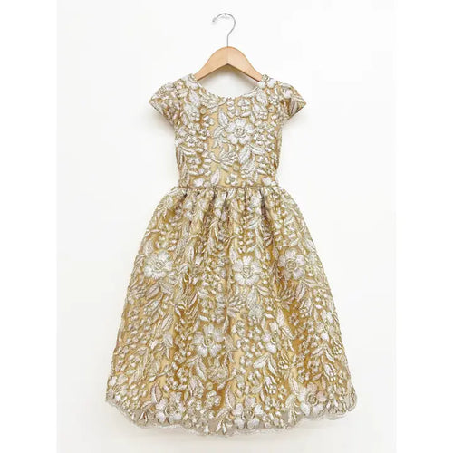 Sweet Kids Gold Flower Emb. Lace Dress