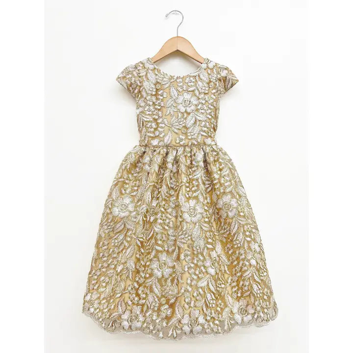 Sweet Kids Gold Flower Emb. Lace Dress