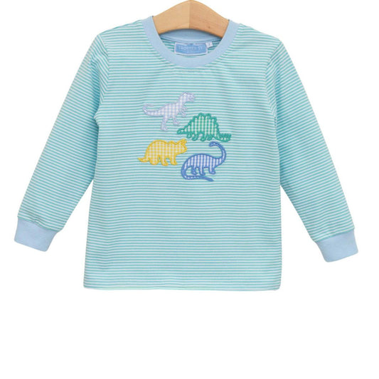 Trotter Street Dino L/S Shirt-Aqua Stripe
