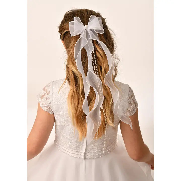 Sweetie Pie White Hair Bow W/ Satin Ribbons