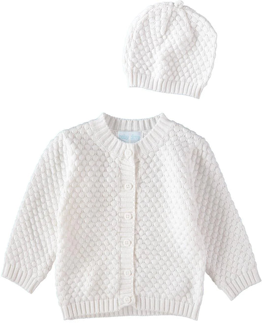 Baby Dove Popcorn Knit Cardigan w/ Hat-White