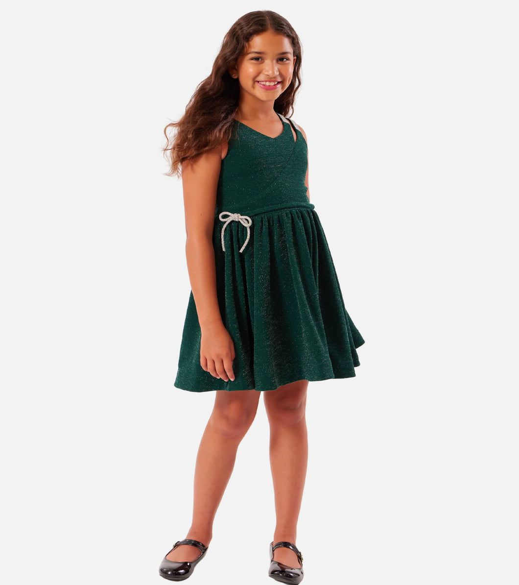 Bonnie Jean Green Rhinestone Bow Detail Dress